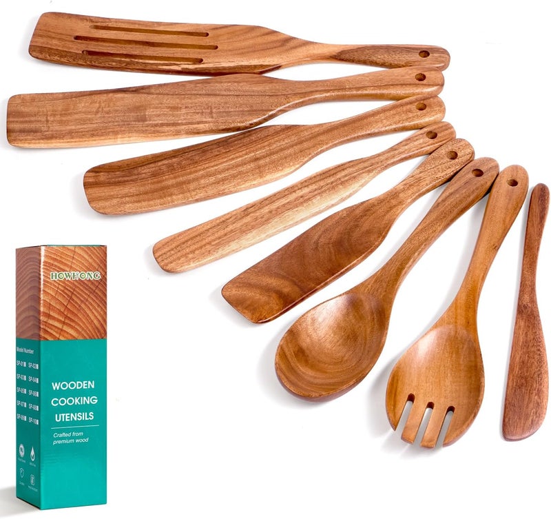 HOWHONG Wooden Spurtle Set for Cooking, Acacia Wood Kitchen Utensils, Premium Handmade Spurtles for Nonstick Cookware, Heat Resistant, Smooth Finish, Comfortable Grip, 8 Piece - Image 1
